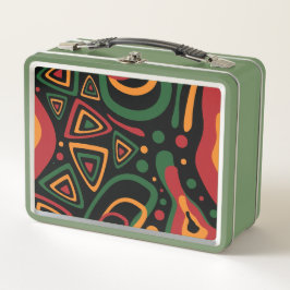 Abstract Tribal Shapes Pattern in Red, Gold, Green メタルランチボックス