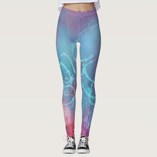 Abstract Turquoise Paint Splatter Blue Purple Legg レギンス (正面)