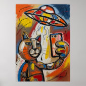Abstract UFO Cat Colorful Cubist Cat ポスター (正面)