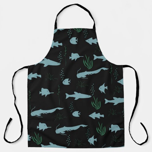 Abstract underwater pattern with fishes and seawee エプロン (正面)