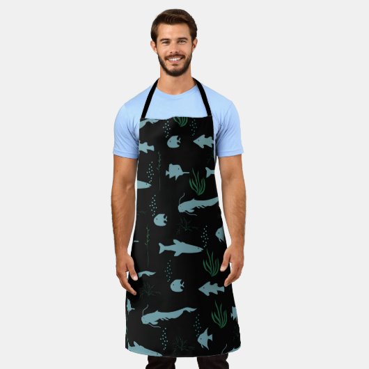 Abstract underwater pattern with fishes and seawee エプロン (着用した状態)