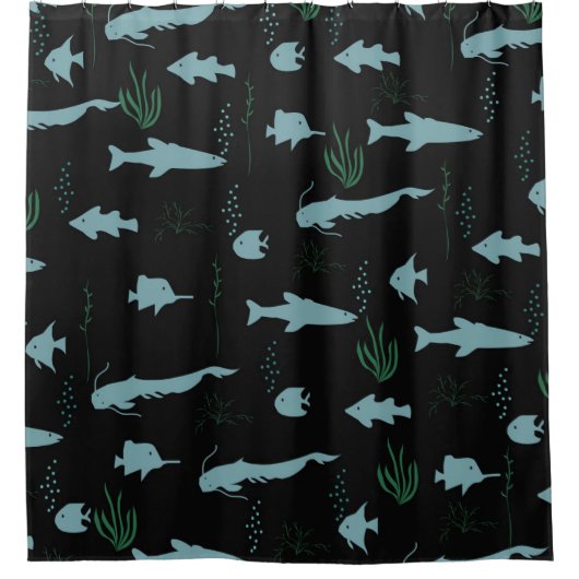 Abstract underwater pattern with fishes and seawee シャワーカーテン (正面)