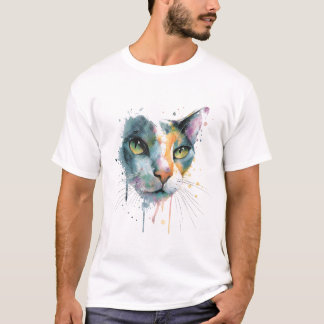 Abstract Watercolor Cat Face Colorful Art. Tシャツ