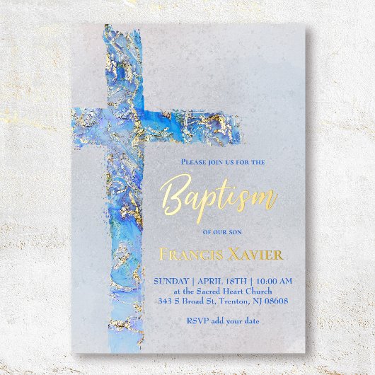abstract watercolor cross Baptism 箔招待状