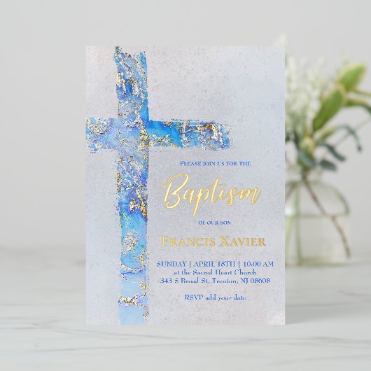 abstract watercolor cross Baptism 箔招待状 (立ち正面)