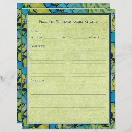 Abstract Watercolor Green Teal Recipe Paper Sheet (正面/裏面)