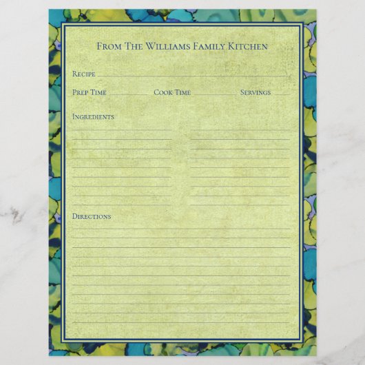 Abstract Watercolor Green Teal Recipe Paper Sheet (正面)