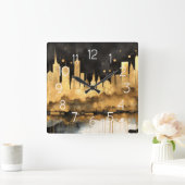 Abstract Watercolor Painting Gold Cityscape スクエア壁時計 (ホーム)