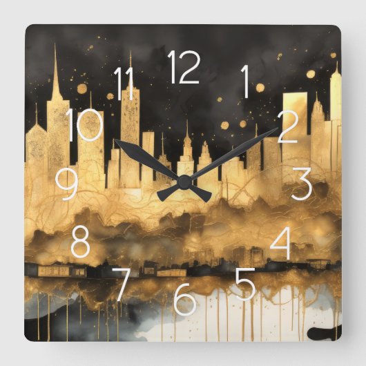 Abstract Watercolor Painting Gold Cityscape スクエア壁時計 (正面)