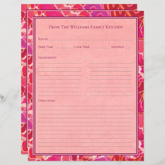 Abstract Watercolor Red Pink Recipe Paper Sheet (正面/裏面)