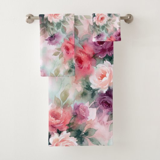 Abstract Watercolor Roses Pattern –Romantic Floral バスタオルセット (インサイチュ)