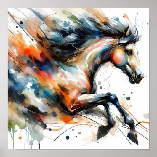 Abstract Watercolor Running Horse ポスター (正面)