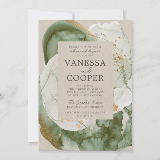Abstract Watercolor Sage Green Rehearsal Dinner 招待状 (正面)