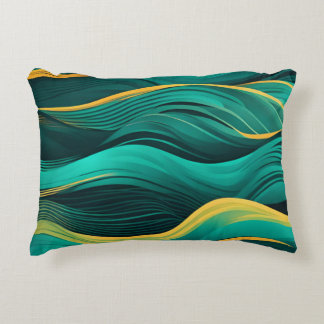 Abstract Waves In A Bend Of Teal & Yellow アクセントクッション