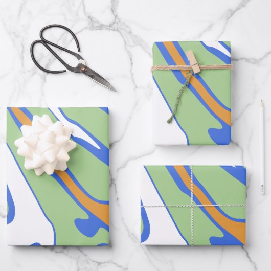 Abstract Waves in Green, Blue, Orange, & White ラッピングペーパーシート (正面)