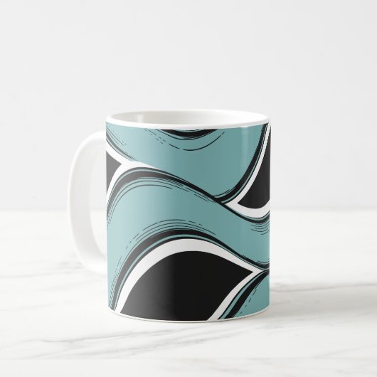 Abstract Wavy Teal and Black Flow Design コーヒーマグカップ (正面左)