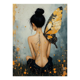 Abstract Whimsical Woman and Butterfly ポスター