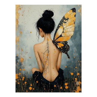 Abstract Whimsical Woman and Butterfly ポスター