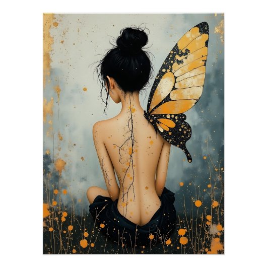 Abstract Whimsical Woman and Butterfly ポスター (正面)