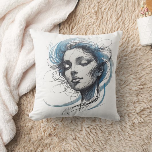 Abstract Wind Flowing Face – Blue Line Art Pillow クッション (ブランケット)