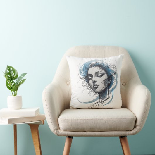 Abstract Wind Flowing Face – Blue Line Art Pillow クッション (椅子)