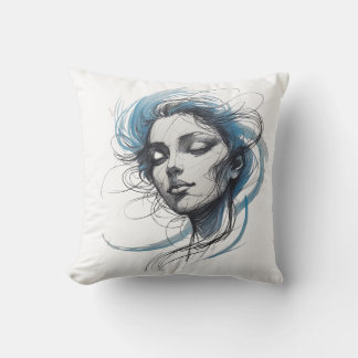 Abstract Wind Flowing Face – Blue Line Art Pillow クッション