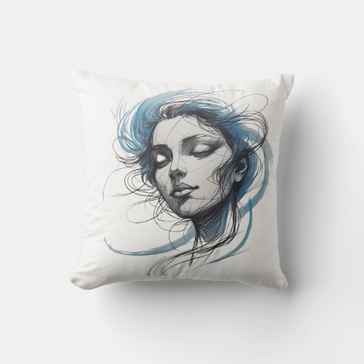 Abstract Wind Flowing Face – Blue Line Art Pillow クッション (正面)