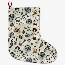Abstract Winter Doodle Pet Stocking with Paw Print ラージクリスマスストッキング