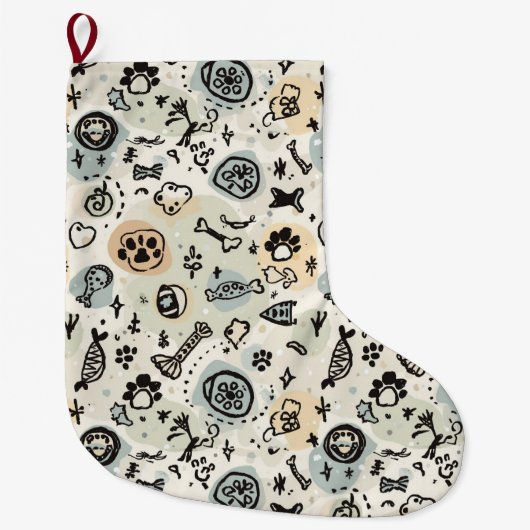 Abstract Winter Doodle Pet Stocking with Paw Print ラージクリスマスストッキング (正面)
