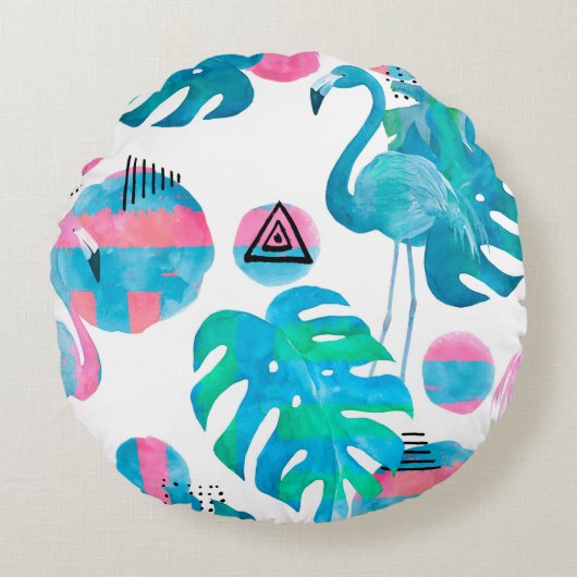 Abstract with watercolor flamingo and random eleme ラウンドクッション (正面)