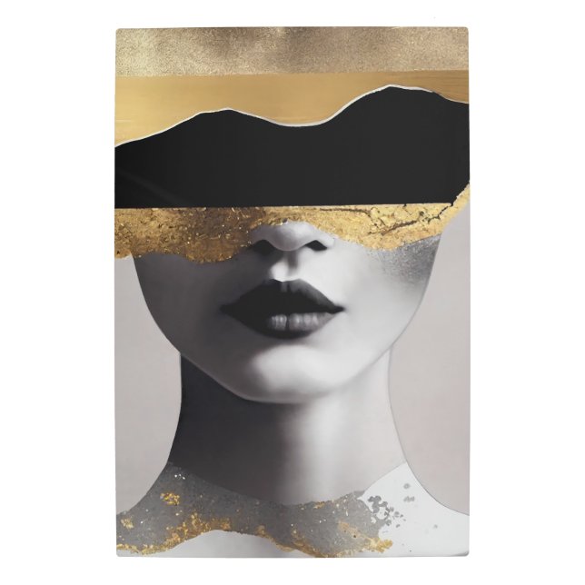 Abstract Woman Gold Black Surrealist Art Elegant メタルプリント (正面)