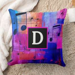 Abstract yellow red blue musical notes monogrammed クッション