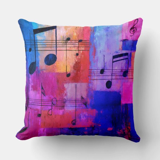Abstract yellow, red, blue with musical notes クッション (正面)