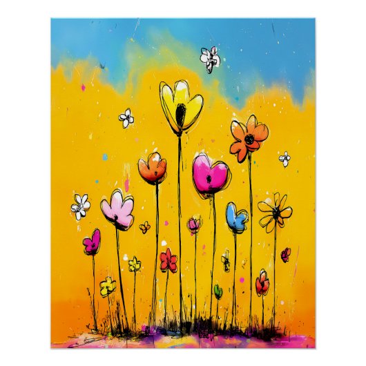 abstrakte. bunte Blumenwiese Pop-Art-Cartoon-Stil ポスター (正面)