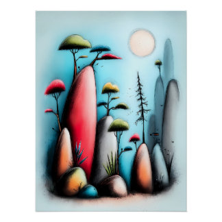 Abstrakte Landschaft mit Bäumen und Mond ポスター