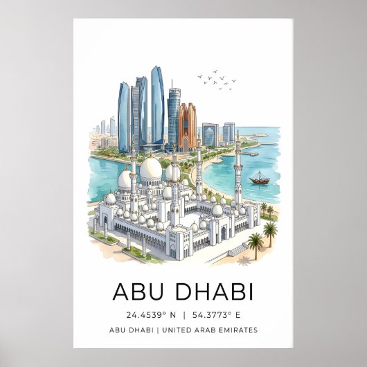 Abu Dhabi Art Print Skyline with Grand Mosque and ポスター (正面)