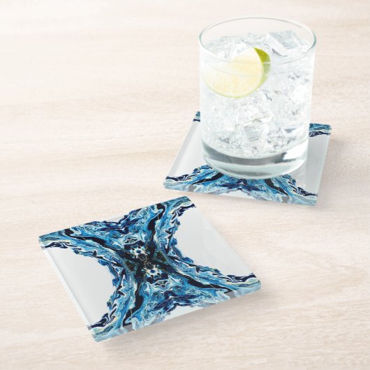 Abyss Blue Abstract Acrylic Paint Pour Fluid Art ガラスコースター (アングル)