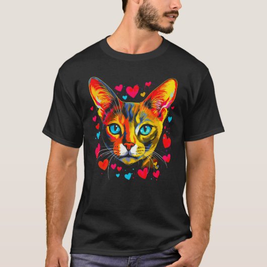 Abyssinian Cat Blue Pink Red Heart Tシャツ (正面)
