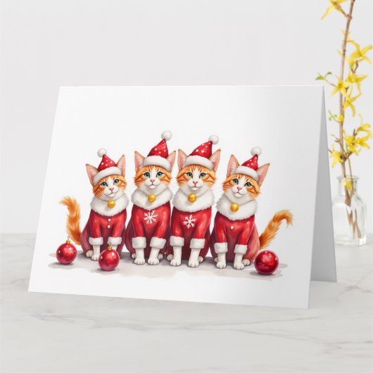 Abyssinian Cat Christmas Dress Santa Hat カード (黄色い花)