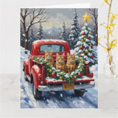 Abyssinian Cat Christmas Red Truck Holiday カード (黄色い花)
