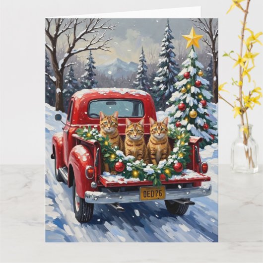 Abyssinian Cat Christmas Red Truck Holiday カード (黄色い花)