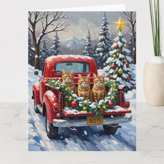 Abyssinian Cat Christmas Red Truck Holiday カード (正面)