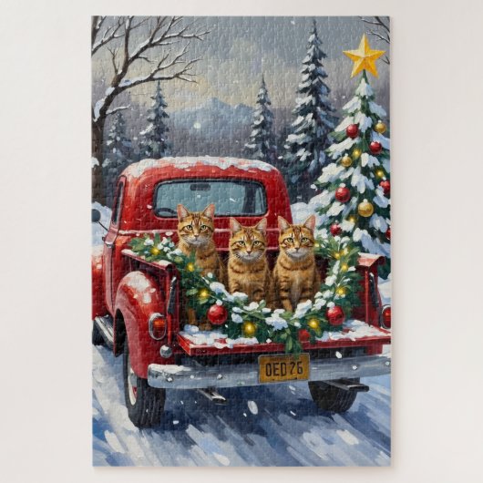 Abyssinian Cat Christmas Red Truck Holiday ジグソーパズル (縦)