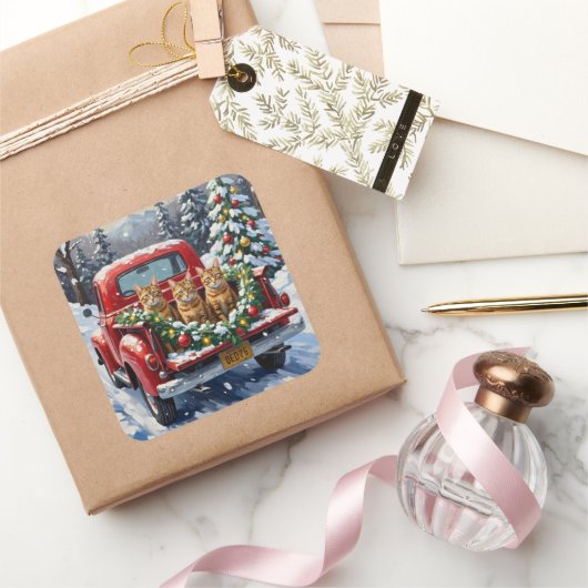 Abyssinian Cat Christmas Red Truck Holiday スクエアシール (ギフト)