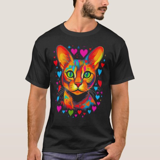 Abyssinian Cat Pink Blue Red Heart Tシャツ (正面)