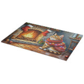 Abyssinian Cat Sitting by Fireplace with Christmas カッティングボード (角)