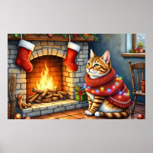Abyssinian Cat Sitting by Fireplace with Christmas ポスター (正面)