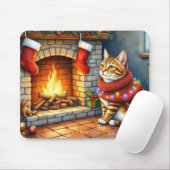 Abyssinian Cat Sitting by Fireplace with Christmas マウスパッド (マウス)