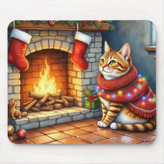 Abyssinian Cat Sitting by Fireplace with Christmas マウスパッド (正面)