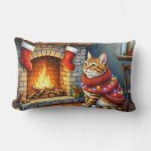 Abyssinian Cat Sitting by Fireplace with Christmas ランバークッション (正面)
